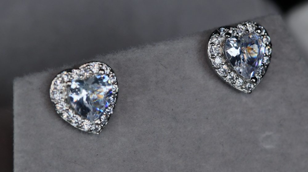 Silver Heart Diamond Ear Studs