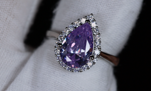 Purple Diamond Ring | Teardrop Ring | Pear Shape Ring | Halo Engagement Ring