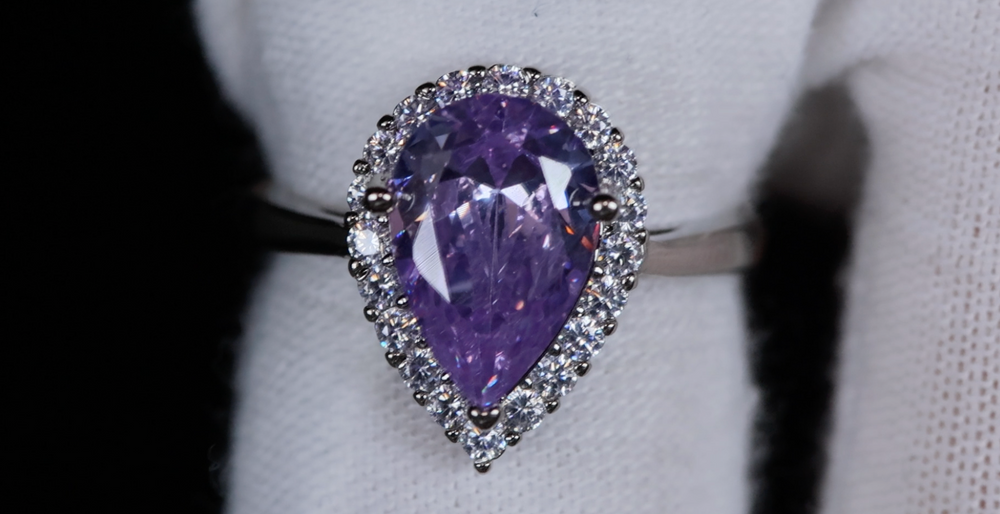 Purple Diamond Ring | Teardrop Ring | Pear Shape Ring | Halo Engagement Ring