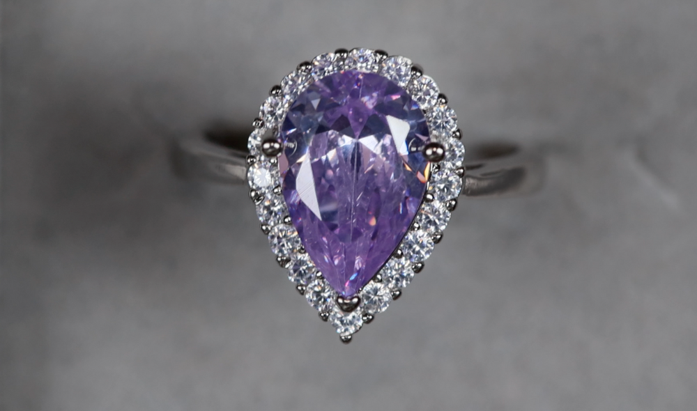 Purple Diamond Ring | Teardrop Ring | Pear Shape Ring | Halo Engagement Ring