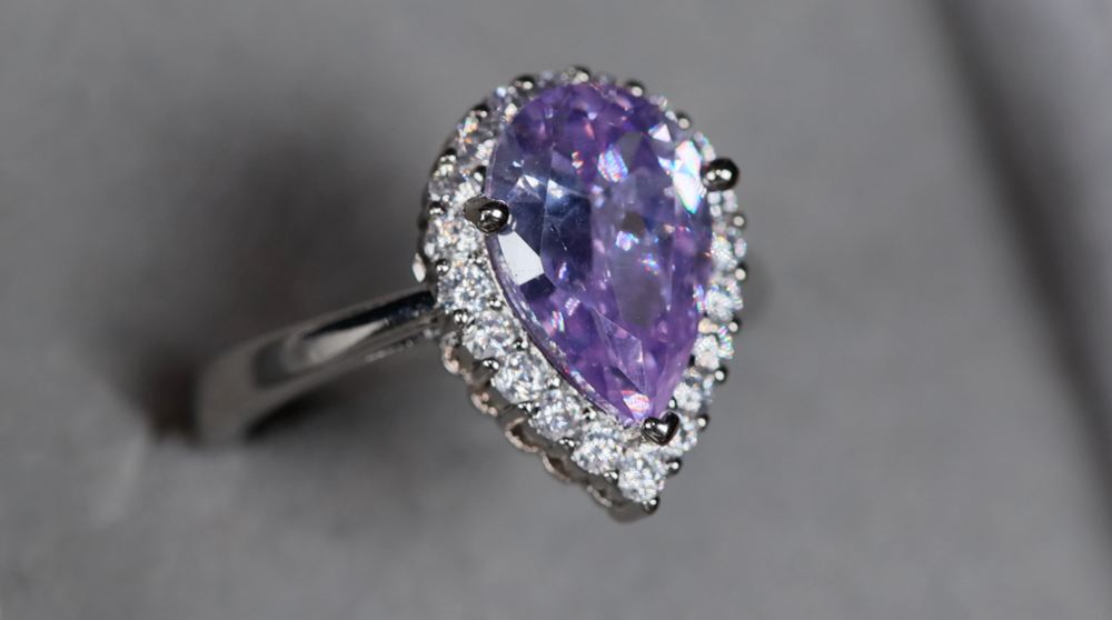 Purple Diamond Ring | Teardrop Ring | Pear Shape Ring | Halo Engagement Ring