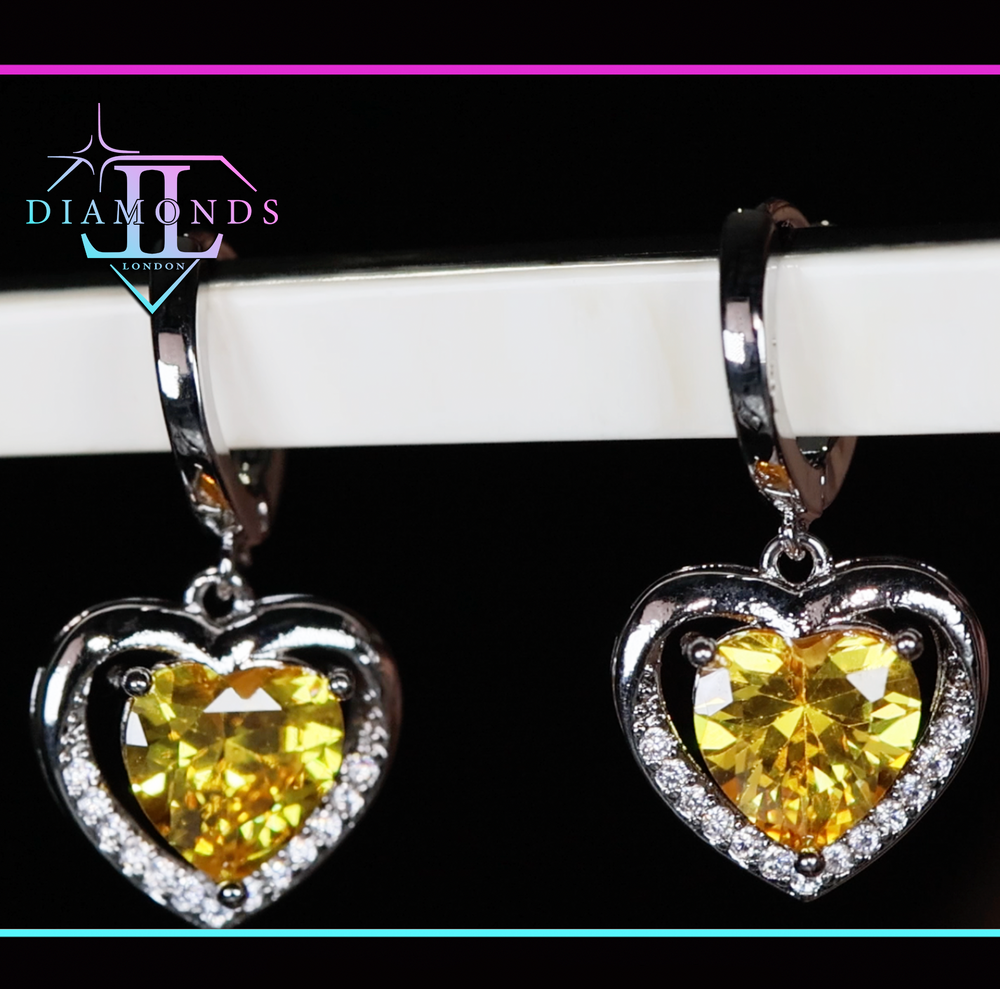 Diamond Earrings | Heart Earrings | Yellow Diamond Heart Earrings | Womens Earrings | Heart earrings with Yellow  Diamonds | Hoop Earrings