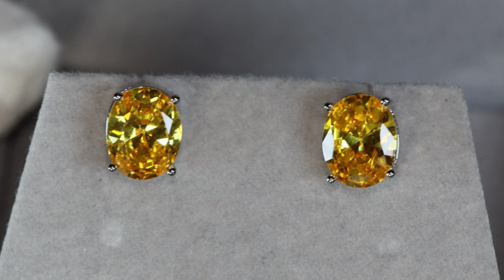 Womens Yellow Oval Diamond Ear Studs 