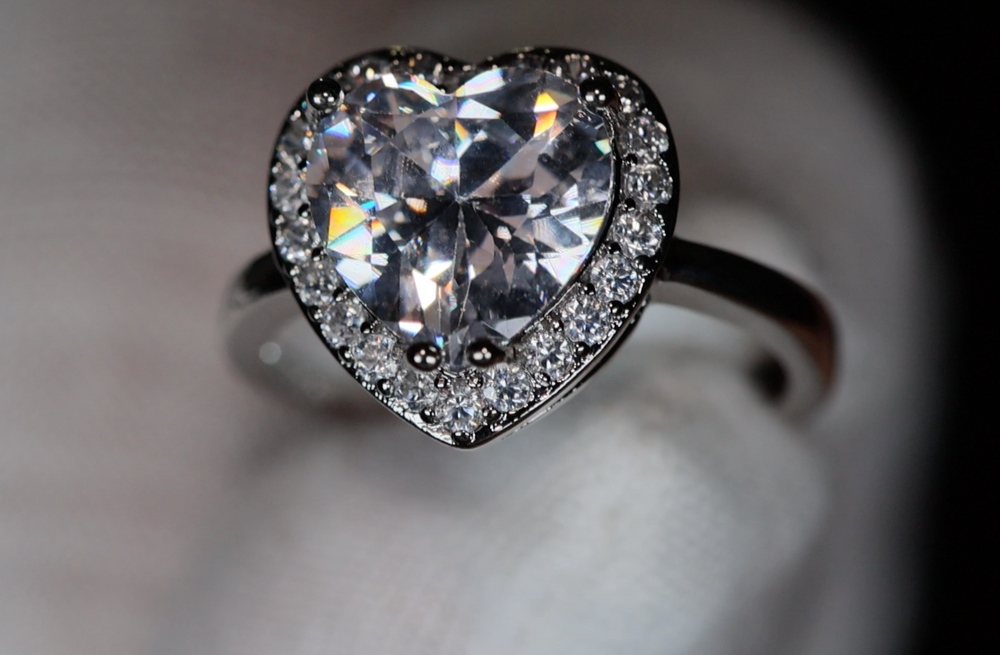 Silver heart cut diamond ring