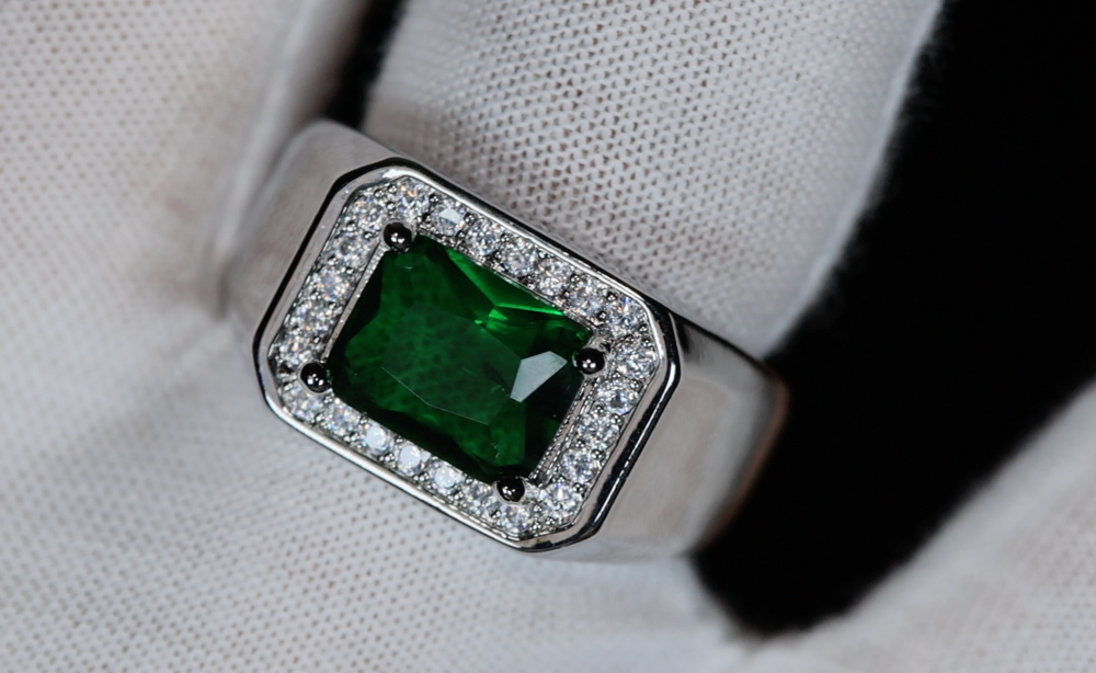 Mens Silver Green Diamond Ring