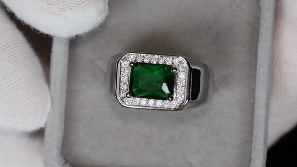 Mens Iced Green Diamond Ring