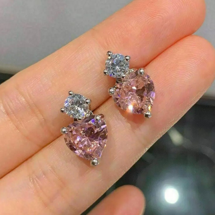 Pink Diamond Earrings | Heart Diamond Ear Studs