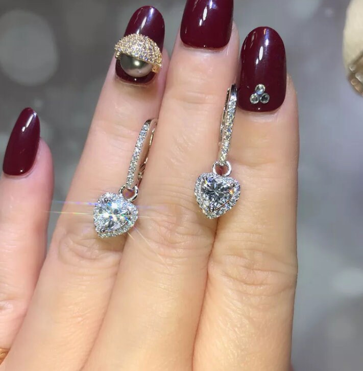 
            
                Load image into Gallery viewer, Diamond Earrings | Heart Earrings | Womens Earrings | Heart earrings with Diamonds | Dangle Earrings | Womens Diamond Earrings | Earrings
            
        