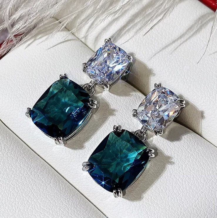 
            
                Load image into Gallery viewer, Teal blue diamond earrings | Green Diamond Earrings | Blue Diamond Earrings
            
        