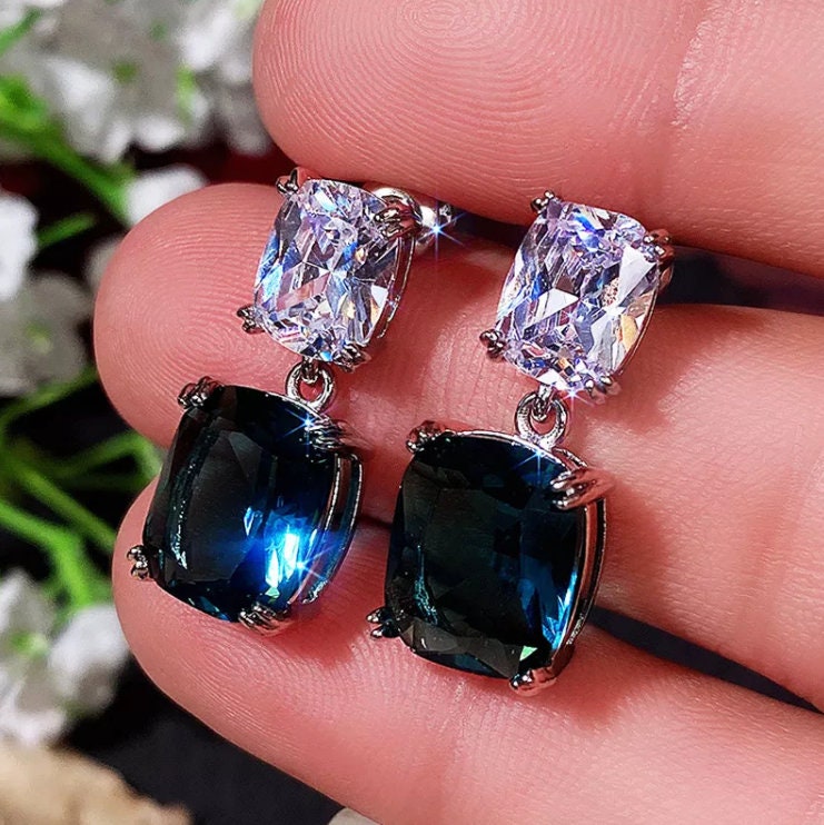 
            
                Load image into Gallery viewer, Teal blue diamond earrings | Green Diamond Earrings | Blue Diamond Earrings
            
        