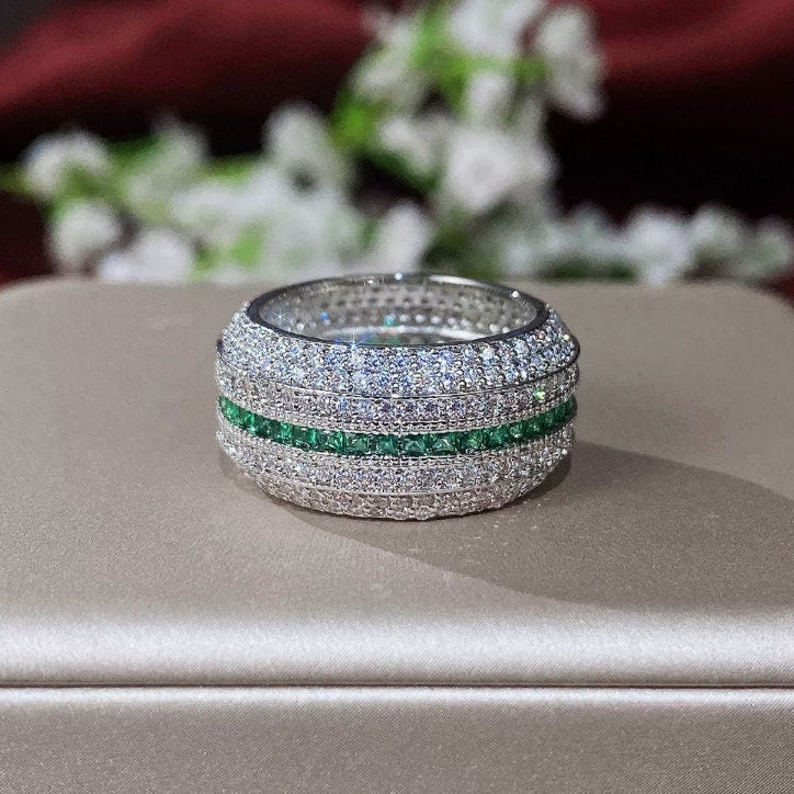 Green Diamond Ring | Iced Out Ring | Mens Engagement Ring | Mens Wedding Ring | Mens Diamond Ring | Womens Pavé Diamond Ring | Hip Hop Ring