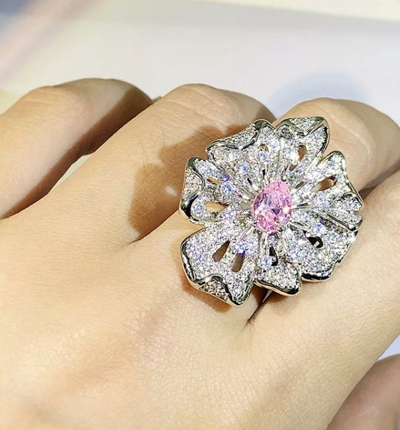 Pink Diamond Ring | Pink Diamond Engagement Ring | Womens Pink Diamond Ring | Diamond Flower Ring | Flower Ring | Big Statement Ring | Ring