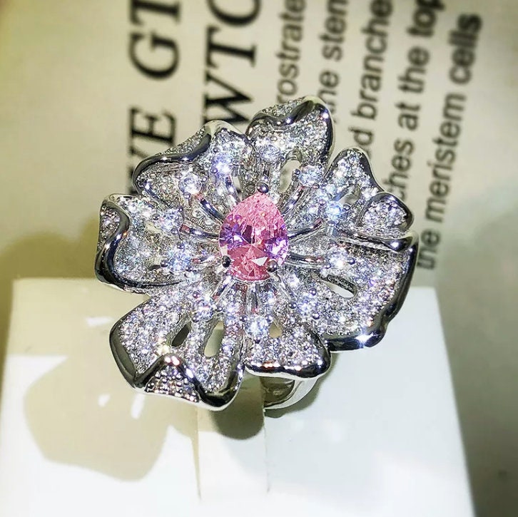 Pink Diamond Ring | Pink Diamond Engagement Ring | Womens Pink Diamond Ring | Diamond Flower Ring | Flower Ring | Big Statement Ring | Ring