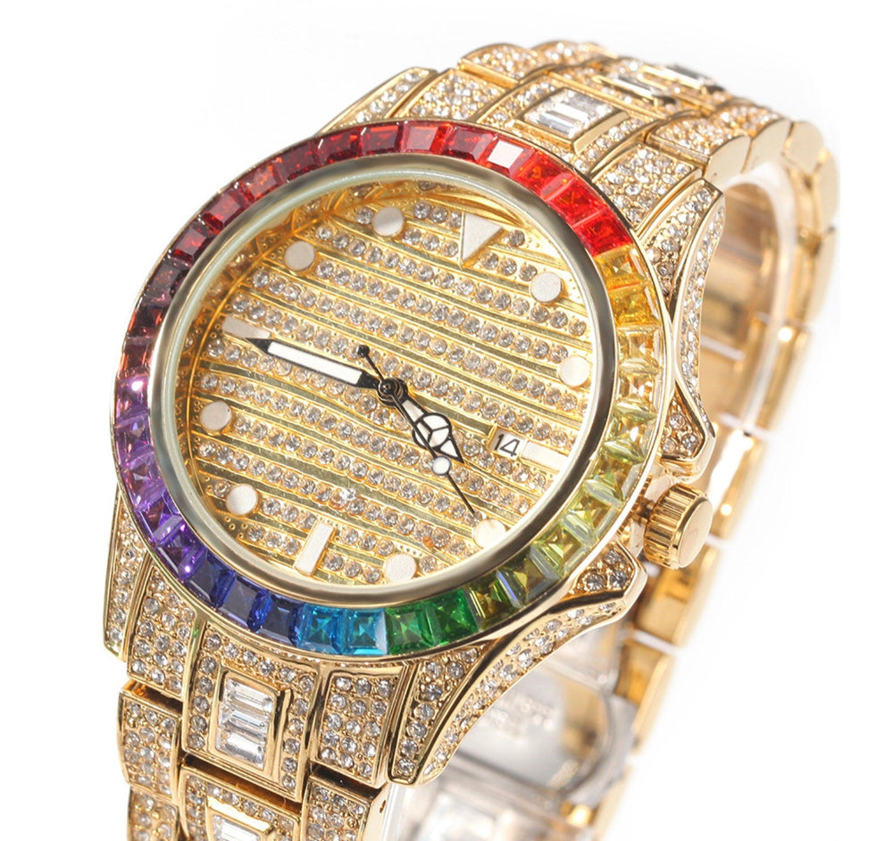 Iced Out Watch | Iced Watch | Mens Iced Out Watch | Hip Hop Watch | Baguette Watch | Diamond Watches | Rainbow Bezel Watch  | Rainbow Watch