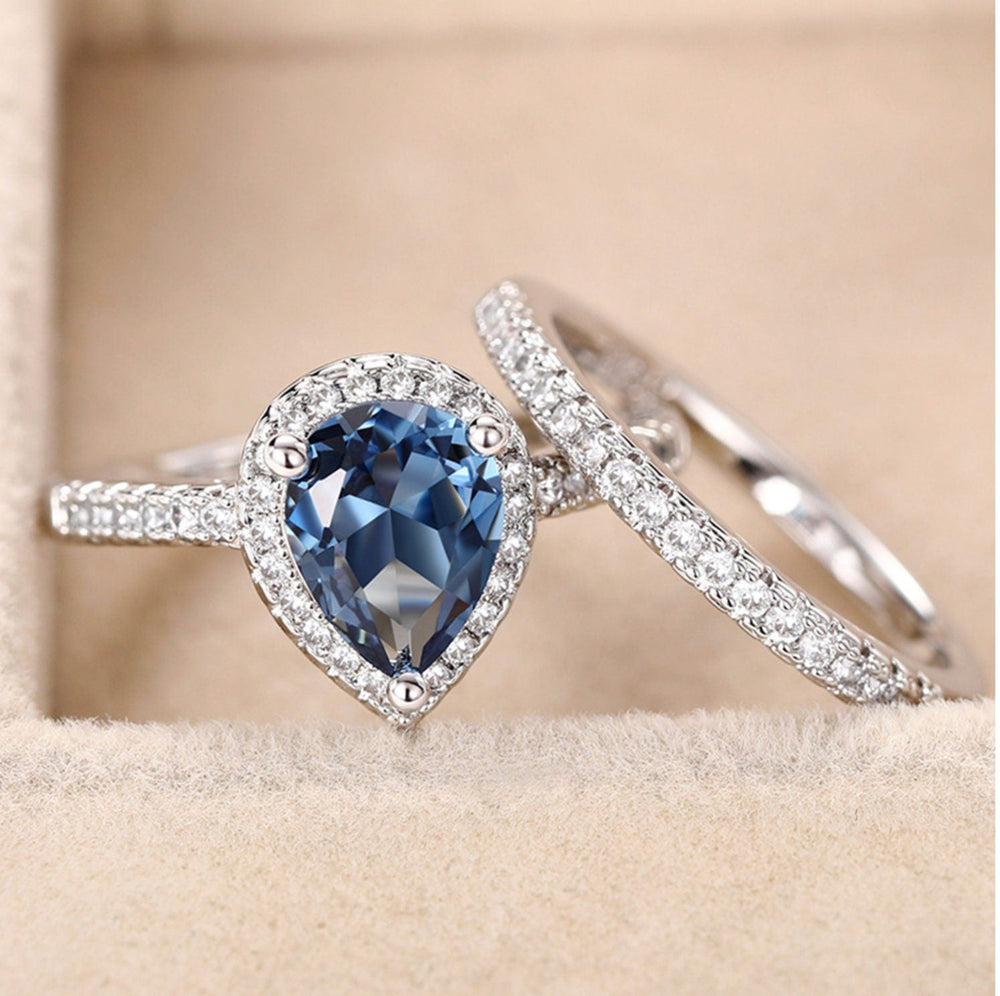 Blue Wedding Ring | Blue Diamond Wedding Ring Set | Teardrop Ring | Pear Cut Ring | Blue Diamond Ring | Blue Engagement Ring | Wedding Ring