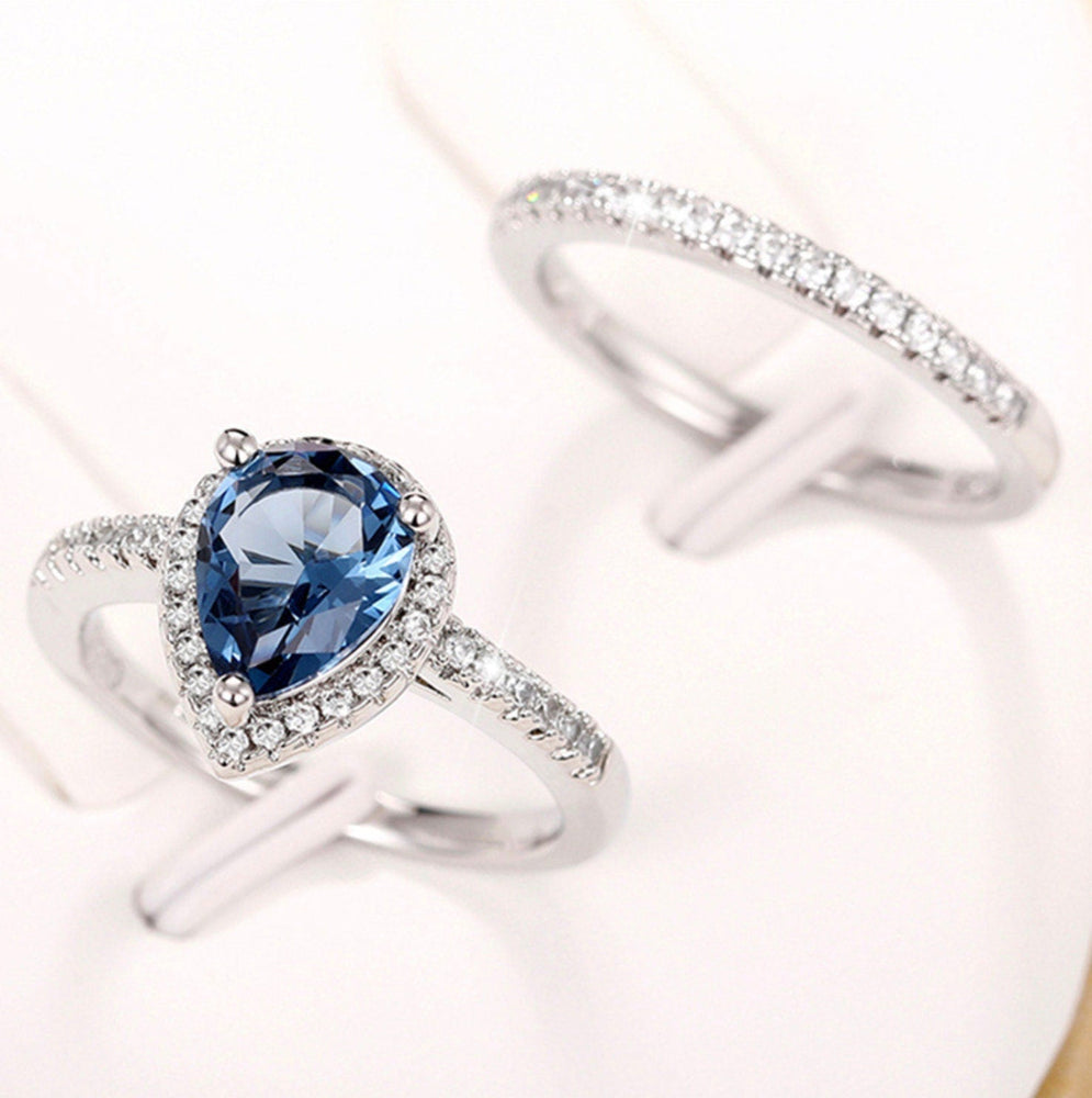 Blue Wedding Ring | Blue Diamond Wedding Ring Set | Teardrop Ring | Pear Cut Ring | Blue Diamond Ring | Blue Engagement Ring | Wedding Ring