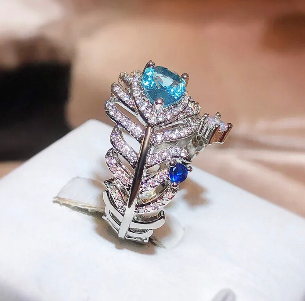 Diamond Feather Ring | Blue Diamond Ring | Peacock Diamond Ring