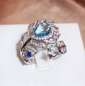 Diamond Feather Ring | Blue Diamond Ring | Peacock Diamond Ring