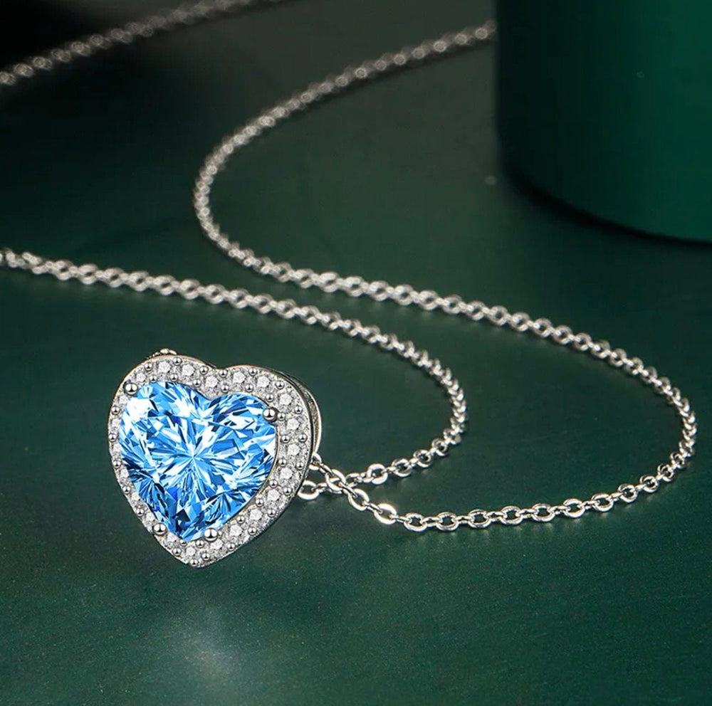 Aquamarine Blue Diamond Heart Necklace | Blue Diamond Pendant  | Heart Necklace