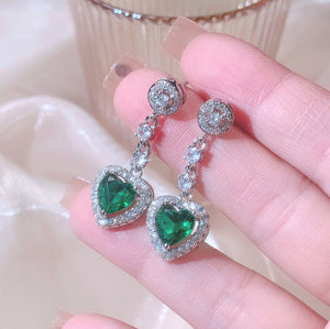 Green Diamond Earrings | Green Diamond Heart Earrings | Emerald Diamond Earrings | Heart Earrings | Womens Diamond Heart Earrings