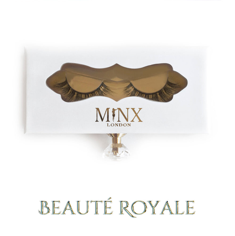 Minx London Beauté Royale Eyelash Box, the box is white and gold, the lashes are wispy lashes