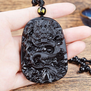 Feng Shui Necklace | Dragon Necklace | Dragon Pendant | Obsidian Necklace | Pi Xui Necklace | Obsidian Pendant | Black Beaded Necklace