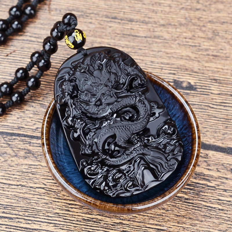 Feng Shui Necklace | Dragon Necklace | Dragon Pendant | Obsidian Necklace | Pi Xui Necklace | Obsidian Pendant | Black Beaded Necklace