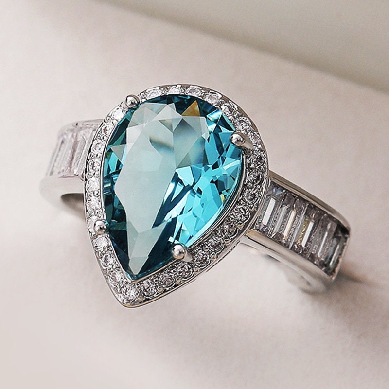 Aquamarine Diamond Ring | Pear Shape Ring | Blue Diamond Ring