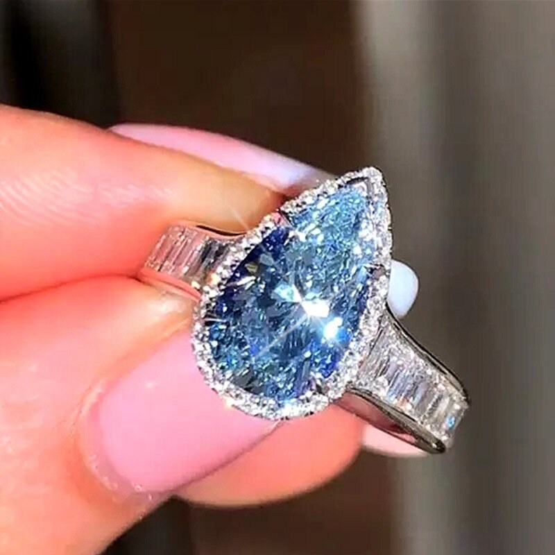 Aquamarine Diamond Ring | Pear Shape Ring | Blue Diamond Ring