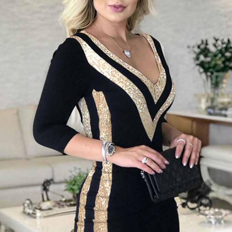 Womens Gold Dress | Womens Black Dress | Sequin Dress | Evening Dress | Dinner Dress | Classy Dress | Dress for Wedding Guest, Sheath Dress