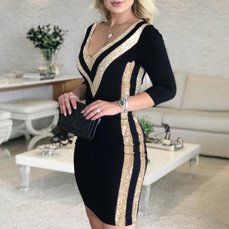 Womens Gold Dress | Womens Black Dress | Sequin Dress | Evening Dress | Dinner Dress | Classy Dress | Dress for Wedding Guest, Sheath Dress