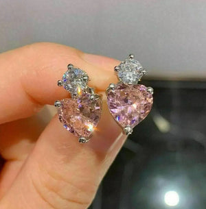 Pink Diamond Earrings | Heart Earrings | Womens Earrings | Heart Earrings with Diamonds | Dangle Earrings | Diamond Heart Shape Earrings