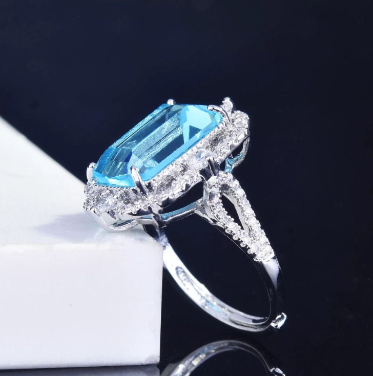 Aquamarine Ring | Aquamarine Diamond Ring | Aquamarine Emerald Ring |  Resizable Diamond Ring | Blue Diamond Ring | Turquoise Diamond Ring