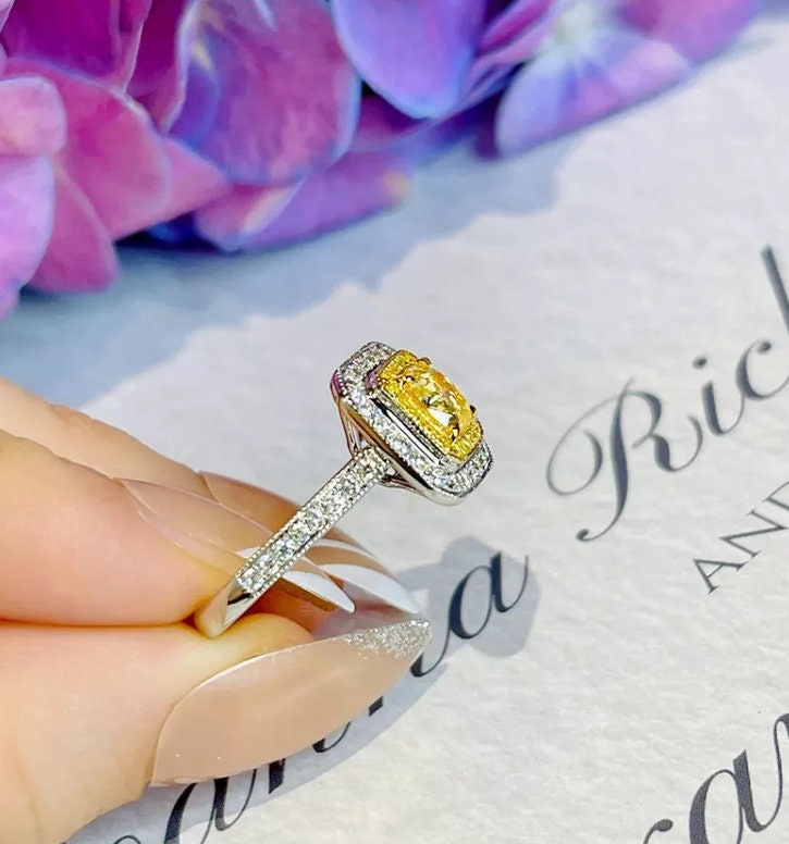 Yellow Diamond Ring | Yellow Diamond Engagement Rings | Canary Yellow Diamond Ring | Baguette Ring | Womens Engagement Ring | Halo Ring