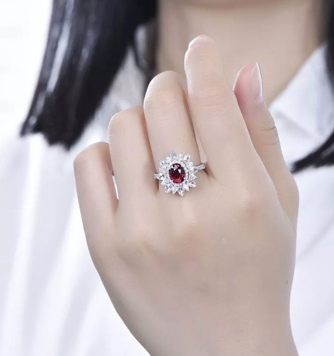 
            
                Load image into Gallery viewer, Ruby Ring | Red Diamond Ring | Flower Ring | Ruby Engagement Ring | Ruby Diamond Ring | Ruby Wedding Ring | Red Engagement Ring
            
        