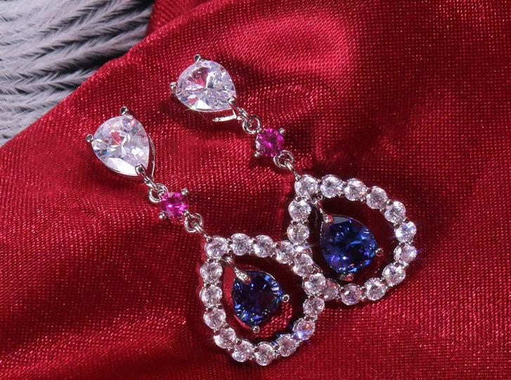 Teardrop Earrings | Blue Diamond Earrings | Diamond Earrings | Sapphire Blue Diamond Earrings | Womens Diamond Earrings | Dangle Earrings