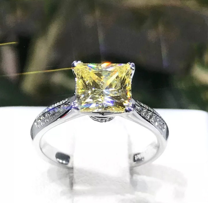 Yellow Diamond Ring | Yellow Diamond Engagement Rings | Platinum Plated Ring | Wedding Ring | Womens Engagement Ring | Solitaire Ring
