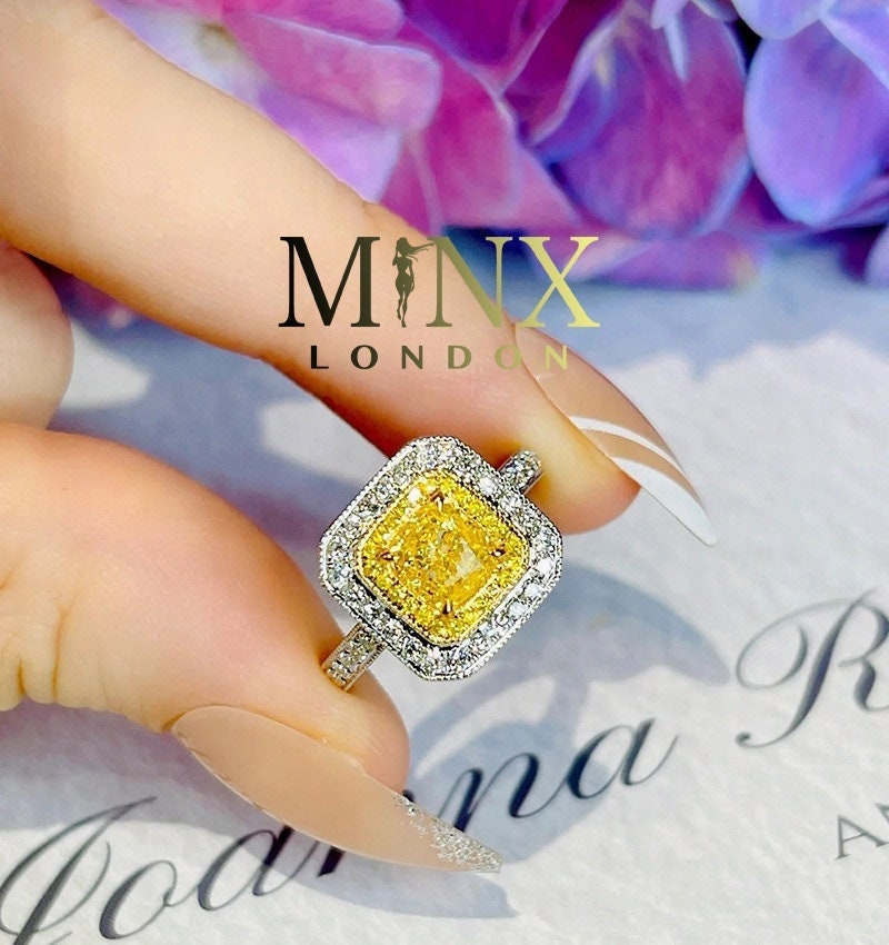 
            
                Load image into Gallery viewer, Yellow Diamond Ring | Yellow Diamond Engagement Rings | Canary Yellow Diamond Ring | Baguette Ring | Womens Engagement Ring | Halo Ring
            
        