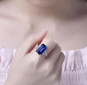 Sapphire Blue Diamond Ring | Blue Diamond Engagement Ring | Sapphire Blue Ring | Blue Wedding Ring | Blue Emerald Ring | Emerald Cut Ring