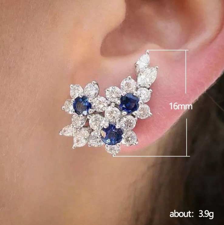 Womens Earrings | Blue Diamond Earrings | Diamond Earrings | Diamond Ear Studs | Flower Earrings | Womens Diamond Earrings | Floral Earrings