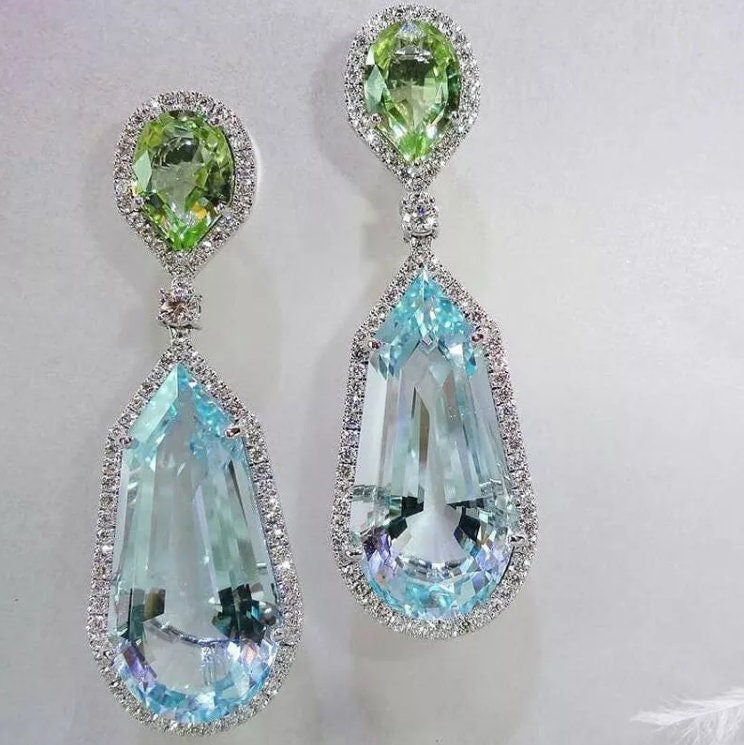 
            
                Load image into Gallery viewer, Aquamarine Diamond Earrings | Blue Diamond Earrings | Diamond Earrings | Womens Earrings | Green Diamond Earrings | Dangle Earrings
            
        