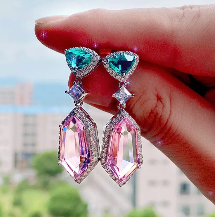 Pink Diamond Earrings | Green Diamond Earrings | Womens Earrings | Halo Earrings | Dangle Earrings | Summer Earrings | Pink Earrings