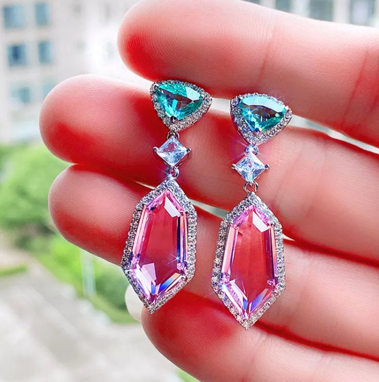 Pink Diamond Earrings | Green Diamond Earrings | Womens Earrings | Halo Earrings | Dangle Earrings | Summer Earrings | Pink Earrings
