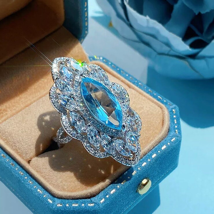 Aquamarine Ring | Aquamarine Diamond Ring | Topaz Diamond Ring |  Topaz Ring | Blue Diamond Ring | Marquise Diamond Ring | Blue Wedding Ring