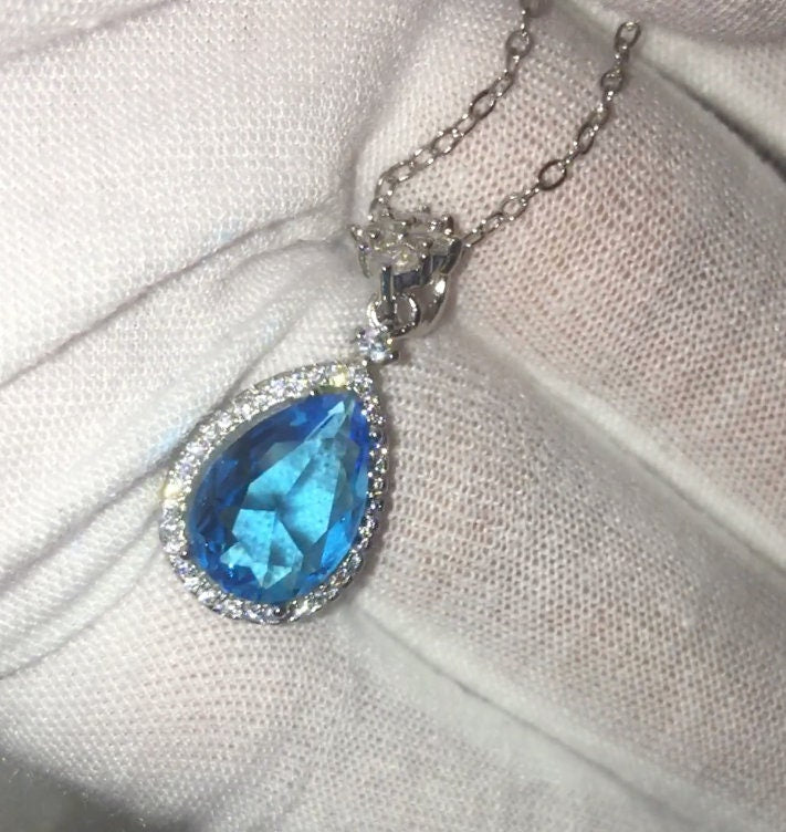 Womens Necklace | Teardrop Necklace | Aquamarine Diamond Necklace | Blue Diamond Pendant | Pear Diamond Pendant | Teardrop Pendant