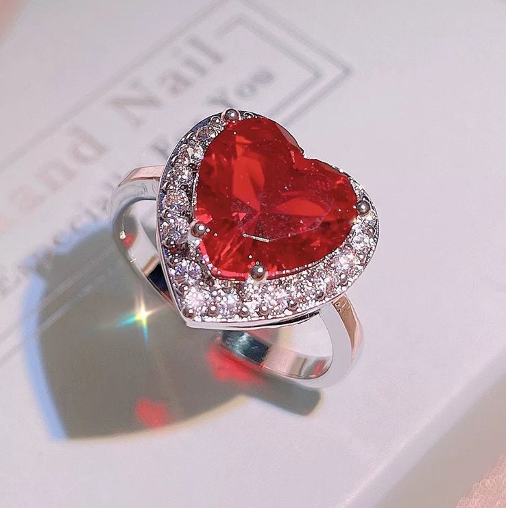 Gift for Girlfriend | Womens Jewellery Set | Heart Necklace | Heart Pendant | Heart Earrings | Heart Ring | Red Diamond Heart Ring