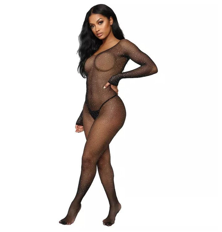 
            
                Load image into Gallery viewer, Diamond Bodysuit | Bodystocking | Rhinestone Lingerie | See Through lingerie
            
        