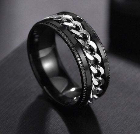
            
                Load image into Gallery viewer, Stainless Steel Ring | Hip Hop Ring | Mens Stainless Steel Ring | Womens Cuban Chain Ring | Black Ring | Womens Fashion Ring | 8mm
            
        