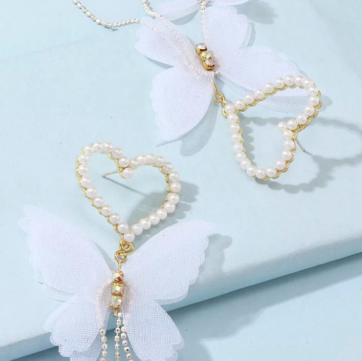 Pearl Earrings | Butterfly Earrings | White Butterfly Earrings | Heart Earrings | Womens Heart Earrings | Earrings | Heart Shape Earrings