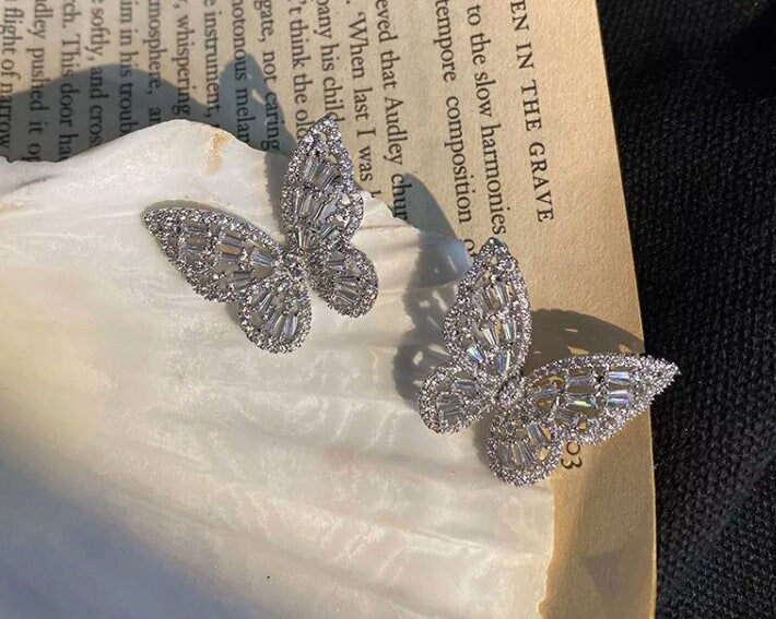 Butterfly Earrings | Diamond Butterfly Earrings | Womens Big Diamond Earrings | Butterfly Ear Studs | Baguette Earrings | Womens Ear Studs